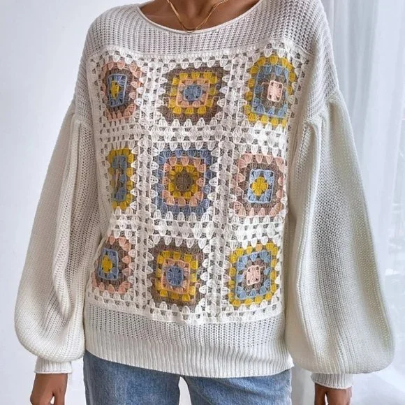 Boho Crochet Floral Detail Knit Sweater top cream - Picture 2 of 6